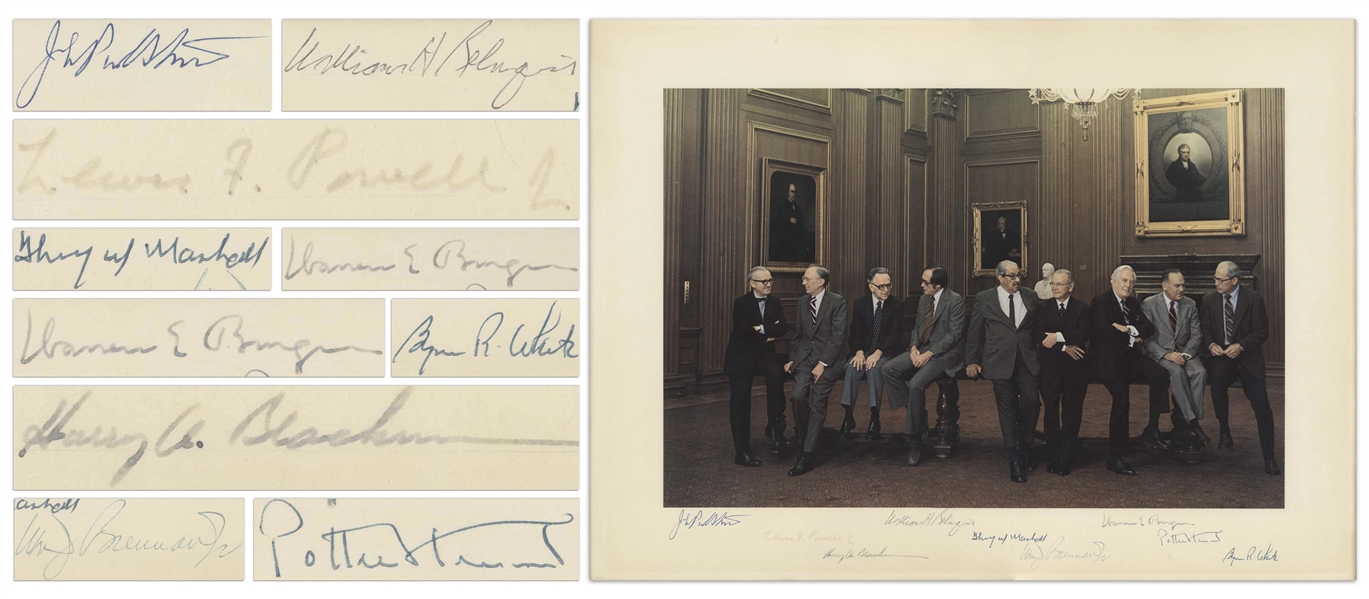 The Burger Supreme Court Signed 21'' x 15.25'' Photo Showing the Justices in an Informal Pose -- Signed by All Nine Justices, From 1977
